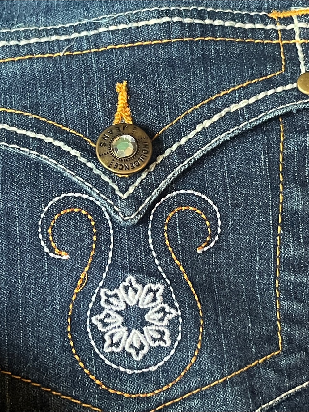 Indulgence Dark Blue Denim Jacket with Gold-Tone Logo Button - Picture 15 of 15
